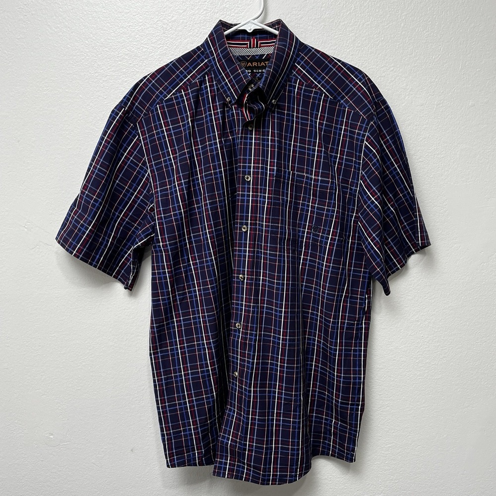 Ariat Pro Series Shirt Men's Large Blue Red Plaid Button‎ Up Western Performance